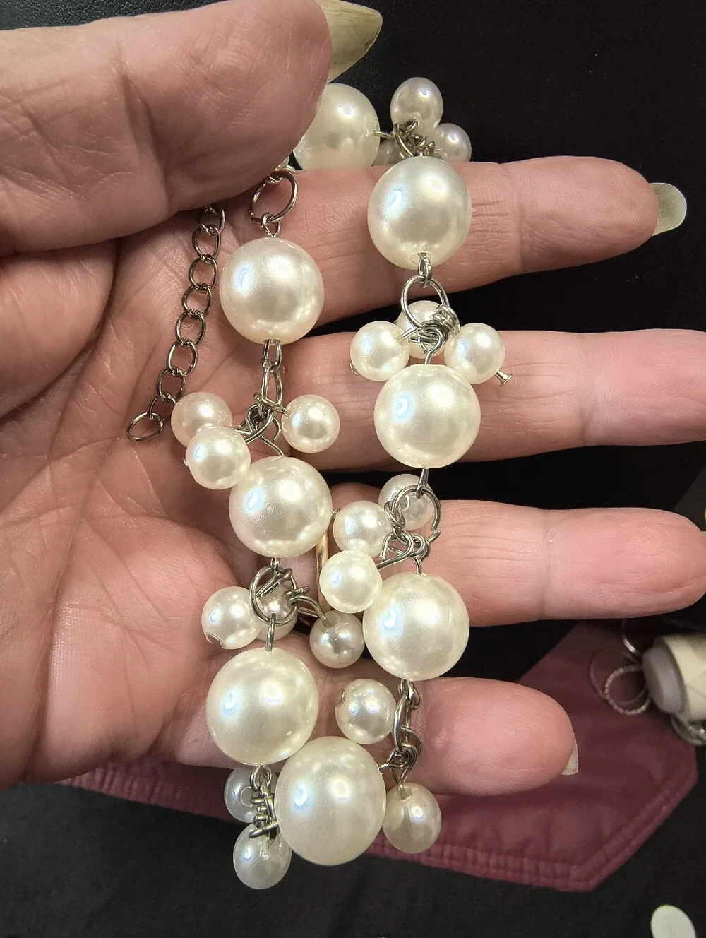 Faux Pearl Cluster Statement Bracelet Silver Tone Adjustable NOT